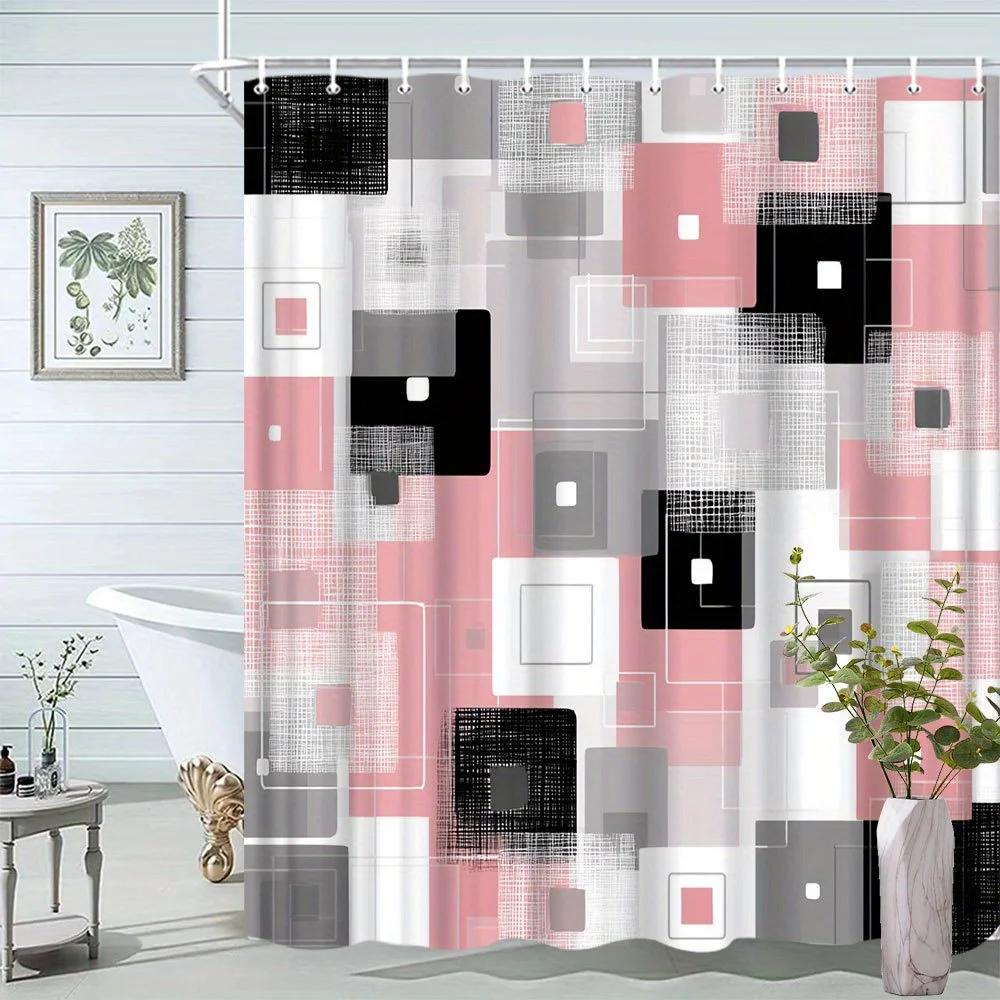 Waterproof Abstract Geometric Shower Curtain Modern Bathroom Decor Pink Gray Black Neutral Pattern Curtain Liner for Home Bathro