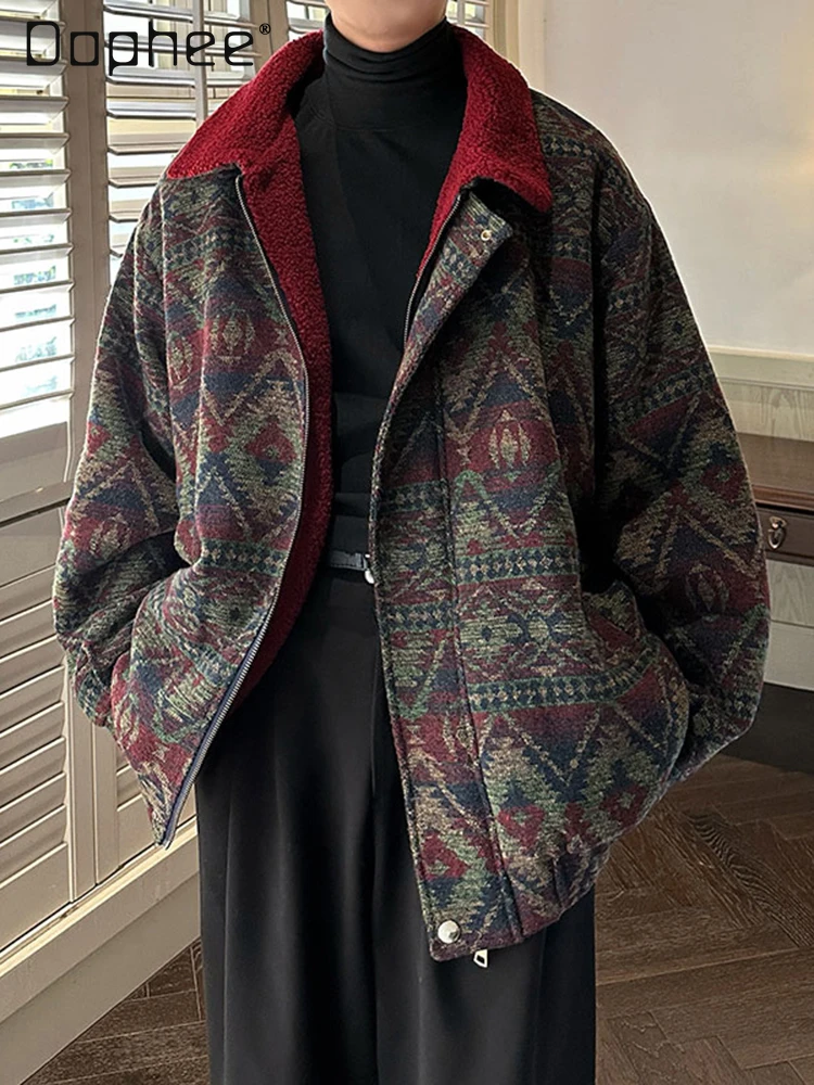 

2025 Autumn Winter American Retro Style Thickened Velvet Knitted Burgundy Jacket Men's Ethnic Jacquard Dark Green Coat