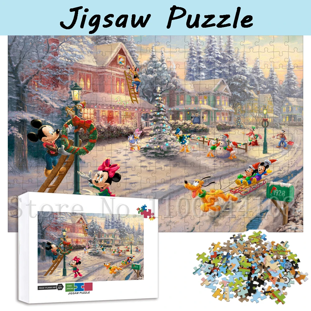 Disney Christmas Puzzles 300/500/1000 Pieces Mickey Minnie Goofy Jigsaw Puzzles Christmas Home Decoration Stress Relief Toys