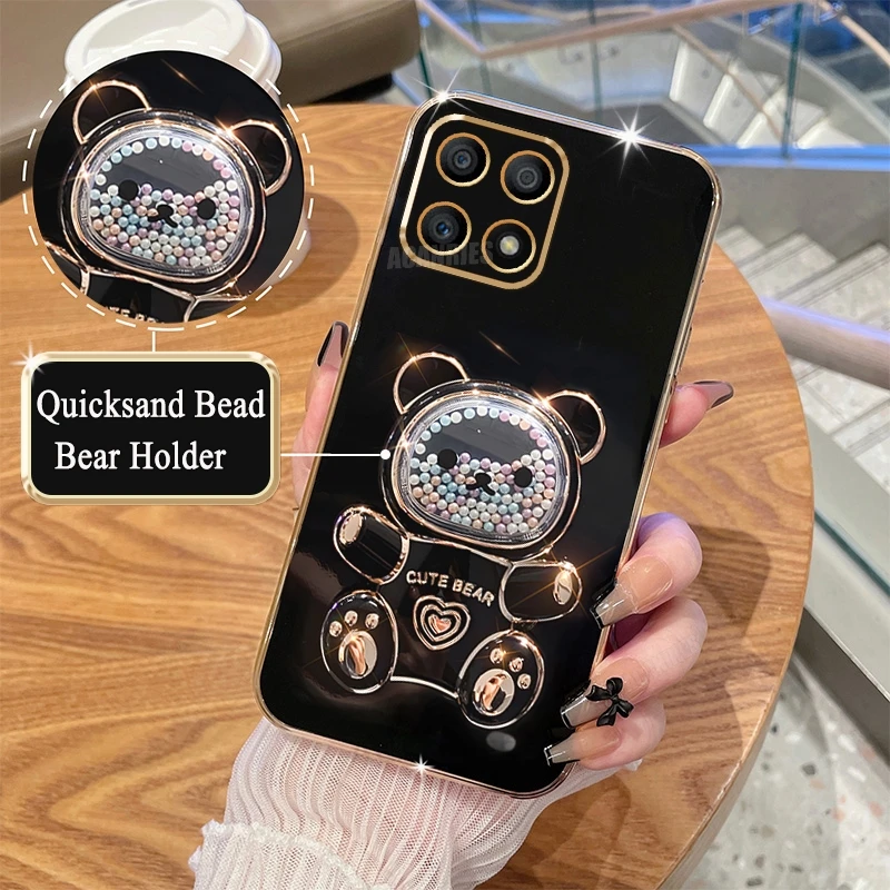 Honorx8 Cute Plating Quicksand Bear Holder Case For Honor X8 X8a X6 X6s X6a 4g 5g X8b X9a X7 X7a Silicone Stand Cover Honorx8a