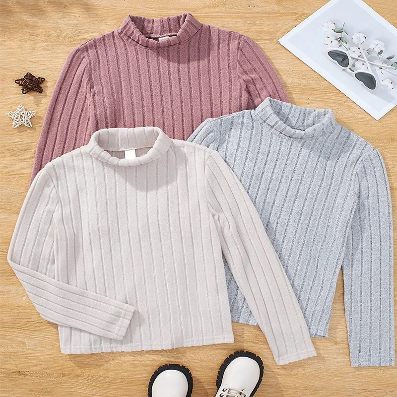 Three Piece Winter Girl Girl Knitted High Neck Solid Color Warm Striped Long Sleeved T-Shirt Cute Princess Birthday Party Dress