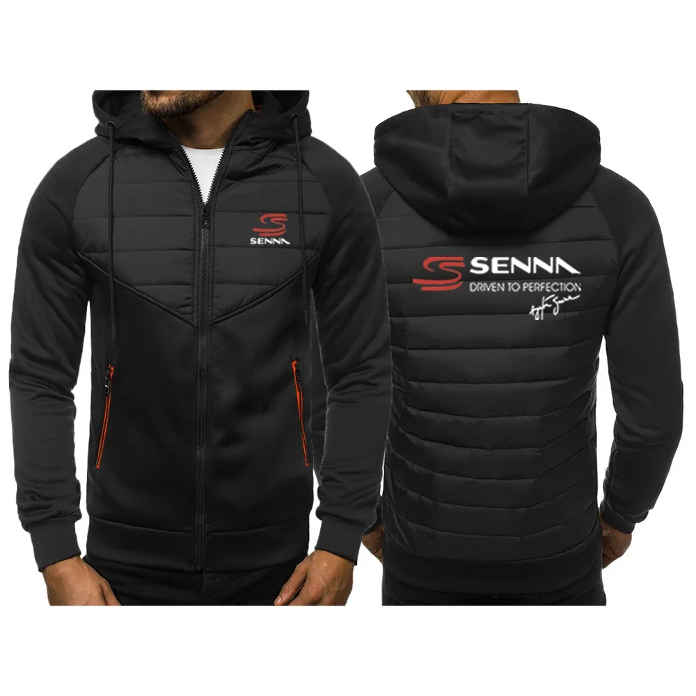 

2024 Spring Autumn Men's Ayrton Senna Logo Printed Simplicity Zipper Hooded Patchwork Cold Prevention Warm Popular Cotton Jacket