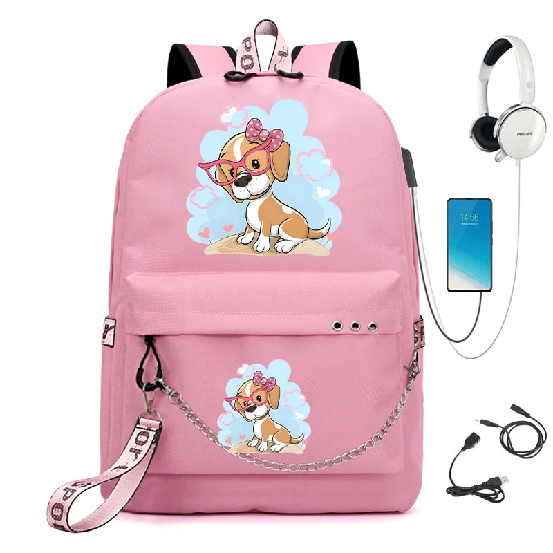 Cartoon Dog Beagle Bolsa de Escola para Mulheres, Mochila Kawaii para Estudantes Universitários, Mochila de Carregamento USB para Adolescentes Meninas