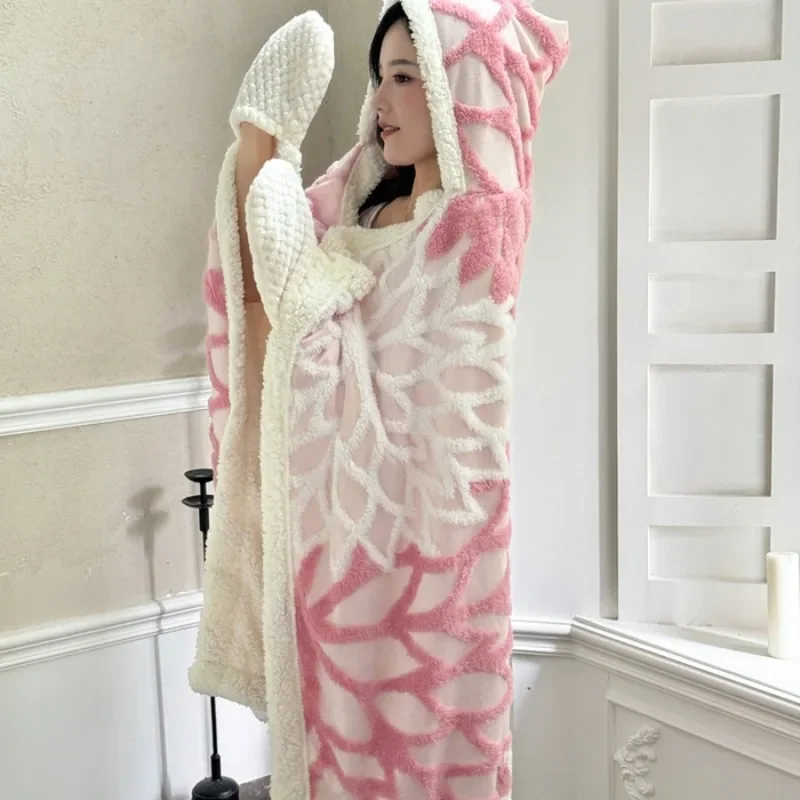 Jacquard Bloom Shawl Blanket Soft Comfortable Multifunctional Cover Blanket Warm Cozy Office Nap Hat Gloves Cape Blanket