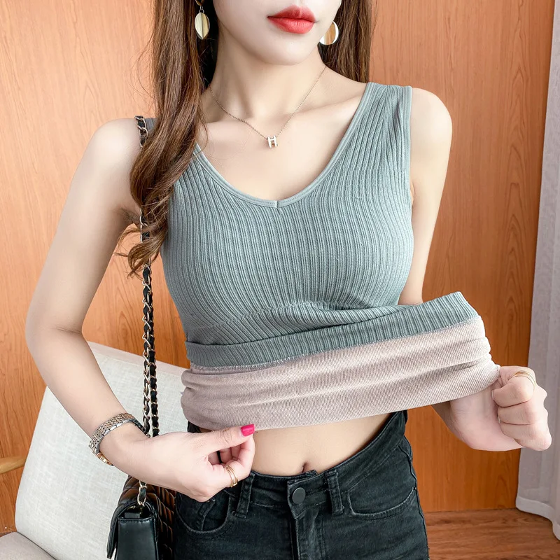 Winter Plus Velvet Thicken Keep Warm Camisoles Women Solid Padded V-Neck Back Closurebasic Tube Comfortable Lingerie（80g-130g）