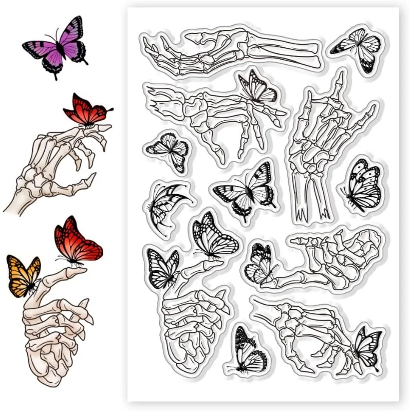Skelett Hand Silikon klare Stempel Schmetterling Stempel für DIY Scrap booking Fotoalbum dekorative Karten machen Briefmarken für den Urlaub