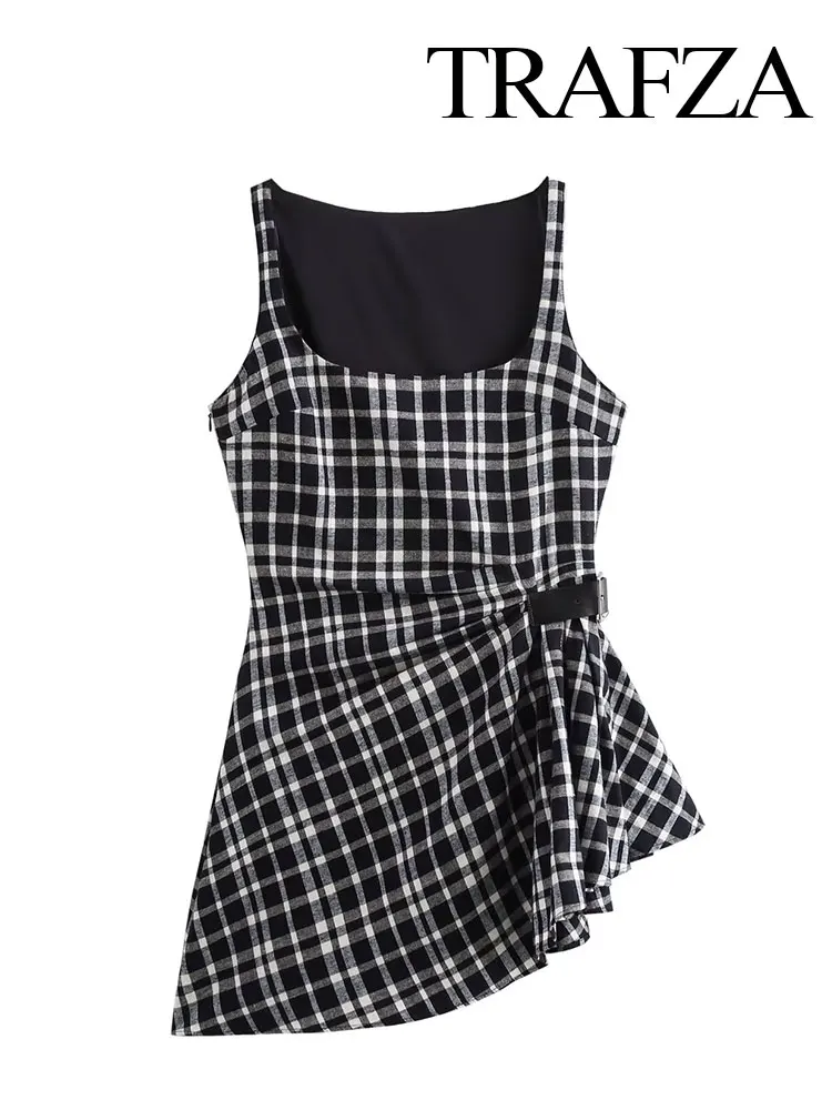 TRAFZA 2024 Summer Women Fashion Plaid Dress Sleeveless Slim Short Dresses Woman Vintage Female Mini Dress Vestidos Trendy