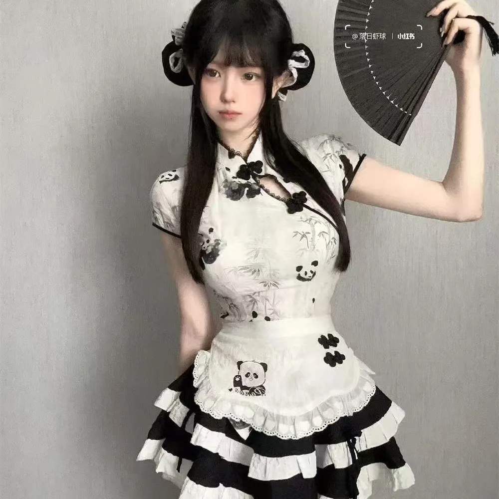 

Cute Girl's New Chinese Style Panda Print High-Waisted Slimming Puff Cake Skirt with Maid's Apron Set