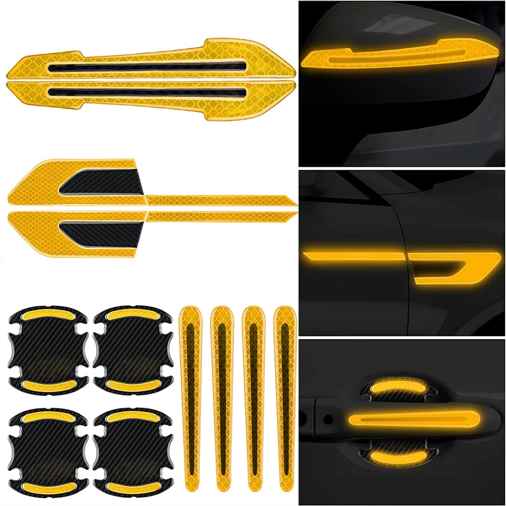 

One Set (12pcs) Yellow Reflective Door Bowl Car Safety Car Handle Fender Side Rearview Mirror Warning Paint Protector Scratch Fi