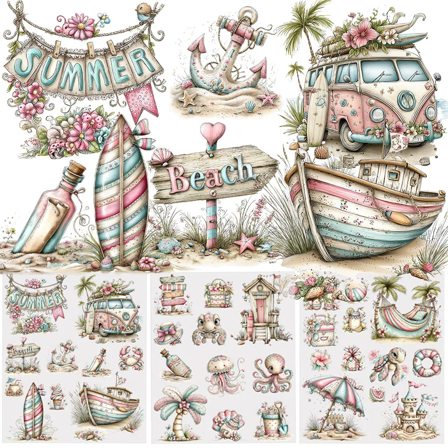 3er-Set Sommer Strand Tropisch DIY UV DTF Abziehbilder für Tumbler, Gläser, Becher, Kaffeetassen, Karten, Geschenke, Party-Deko