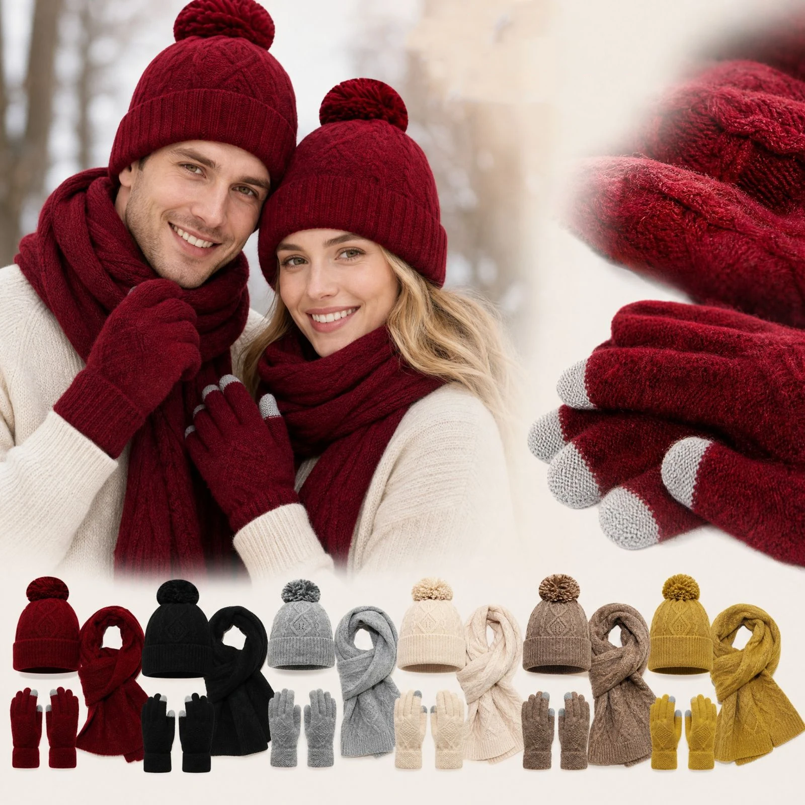 Men Women 3 Pieces Set Autumn Winter Hat Long Scarf Touchscreen Gloves Soft Knitted Outdoor Winter Accessory Pack
