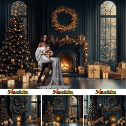 Vintage Black Fireplace Background Photography Gold Christmas Tree Wreath Gift Room Backdrop Winter Kids Family Photo Studio