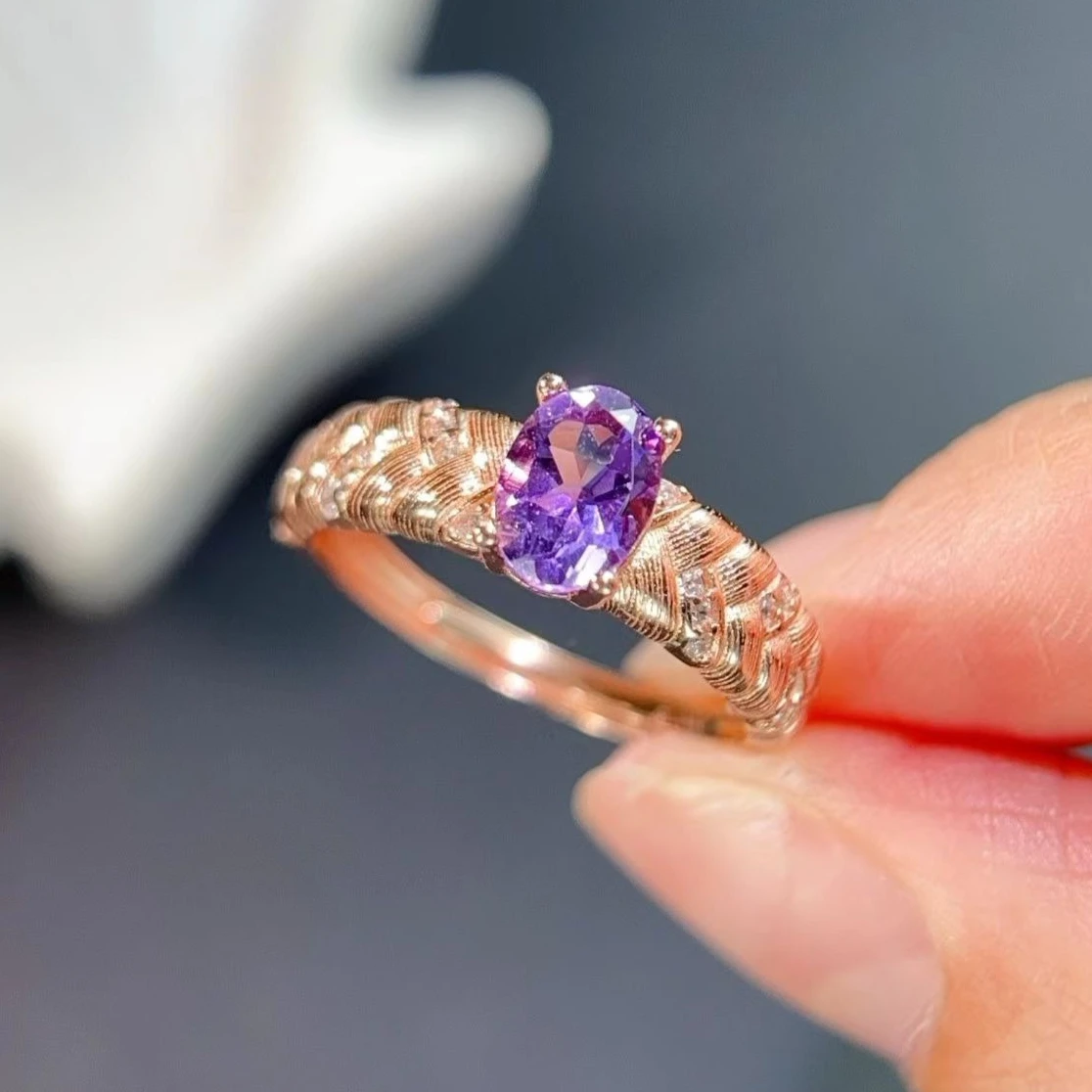 Purple Crystal 925 Silver Ring 5x7mm 0.7ct Natural Amethyst Ring with Jewelry Certificate Gold Plated Silver Amethyst Jewelry