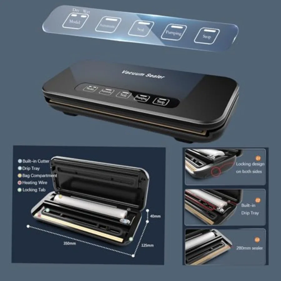 Vakuumiergerät, Lebensmittelversiegelungsgerät, 85 kPa, automatisch, 8-in-1, für Lebensmittelsparung, trockener, feuchter Modus mit integriertem CutterStorage Air Su