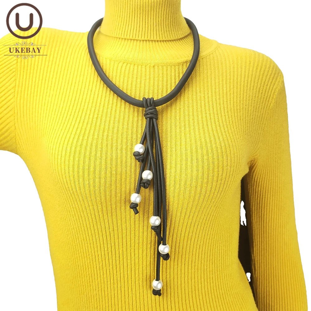 UKEBAY New Tassel Pendant Necklace Women Handmade Design Gothic Chain Long Pearl Necklaces Classic Rubber Jewelry Sweater Chains