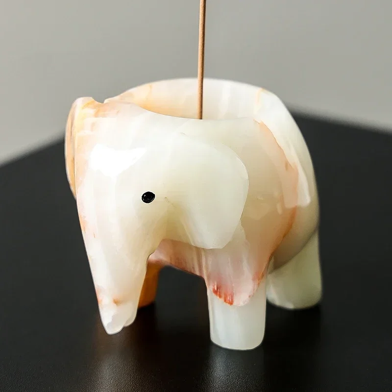 White Onyx Natural Marble Elephant Shape Incense Burner Vintage Ash Catcher Good Luck Elephant Incense Holder for Sticks