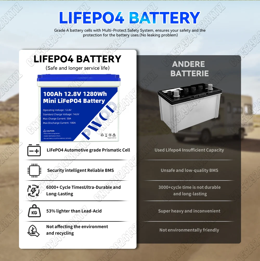 BCI Group 24 PWOD LiFePO4 بطارية 100AH 12V خلية فوسفات الحديد الليثيوم لـ RV، محرك التصيد، البحرية، اليخوت، التخييم