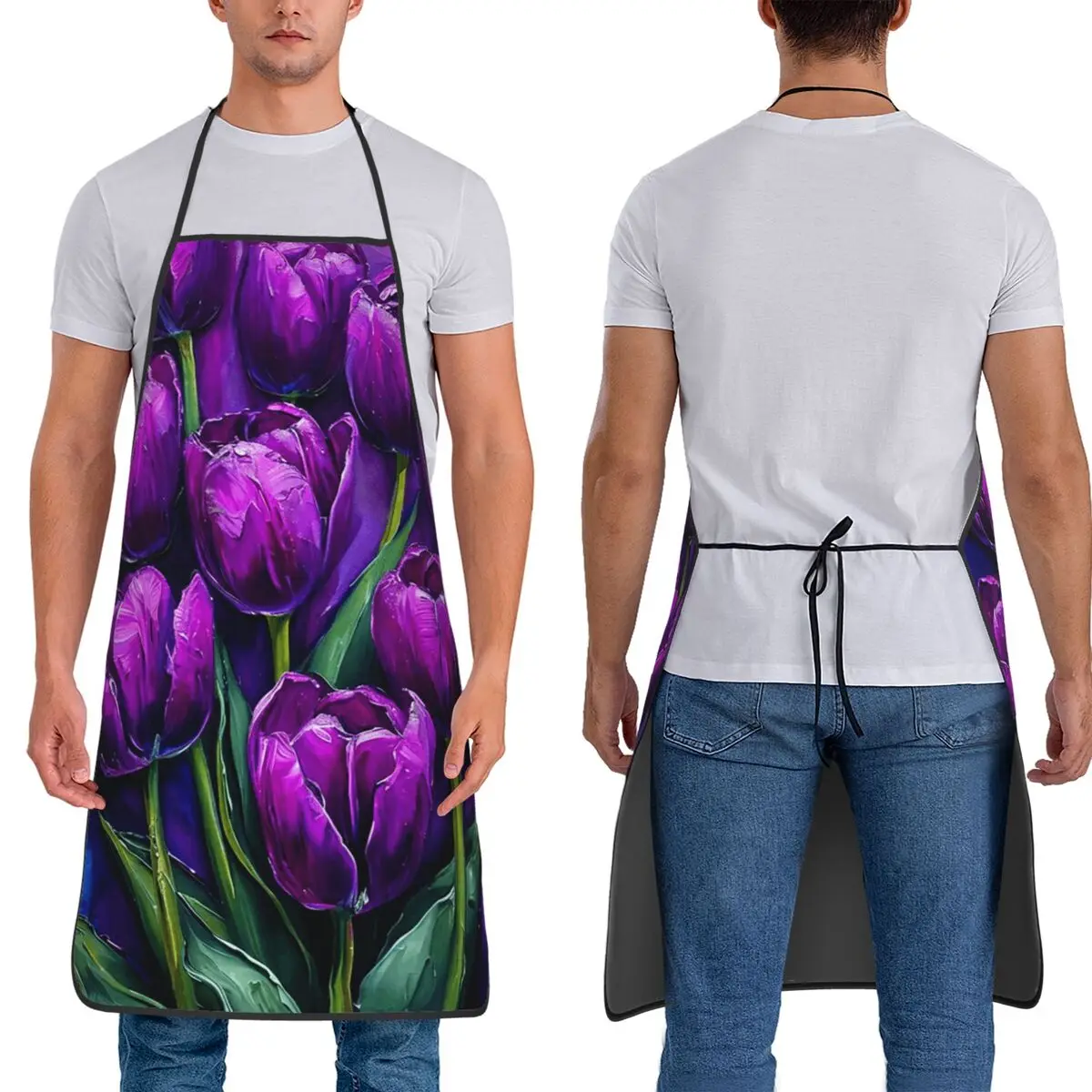 Purple Tulip Oil Painting Print Apron Chef Cooking Tablier Sleeveless Bib Kitchen Cleaning Pinafore for Women Men Painting