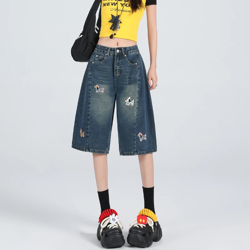 

Fun puppy embroidered denim cropped pants for women, summer design, loose and slimming wide-leg mid-length pants