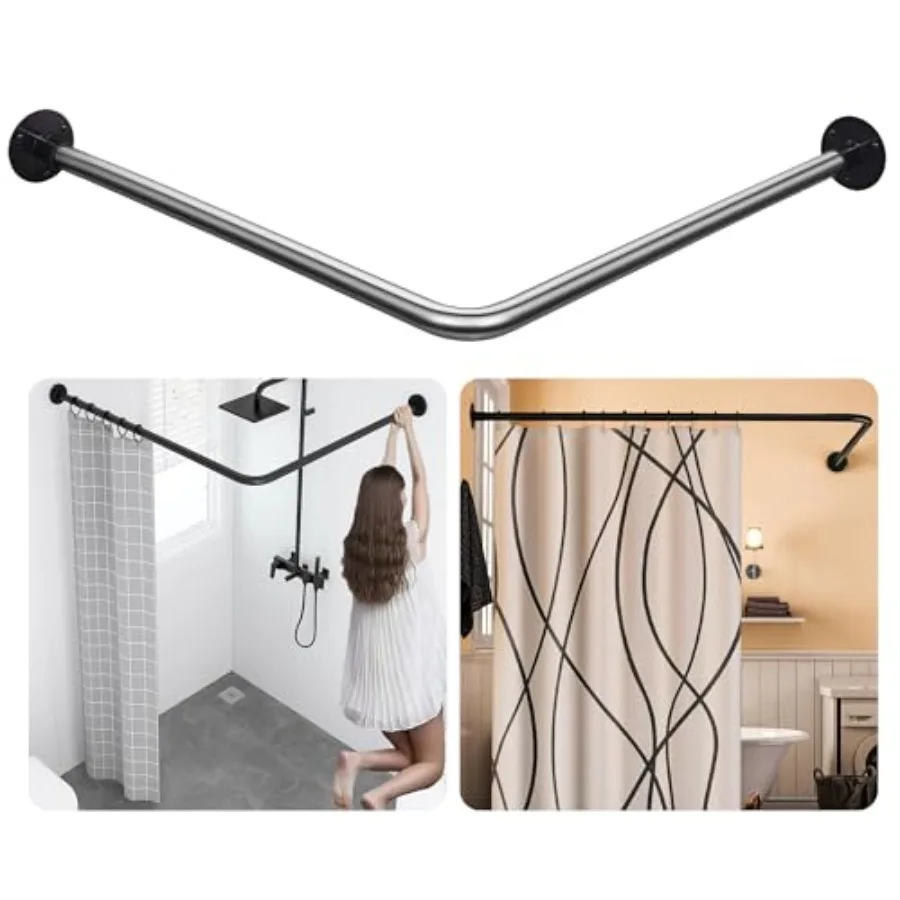 

L-Shaped Corner Shower Curtain Rod, Black 24"-53" x 24"-53" Adjustable, Unsagging, Drill-free Install, 304 Stainless steel 90°C