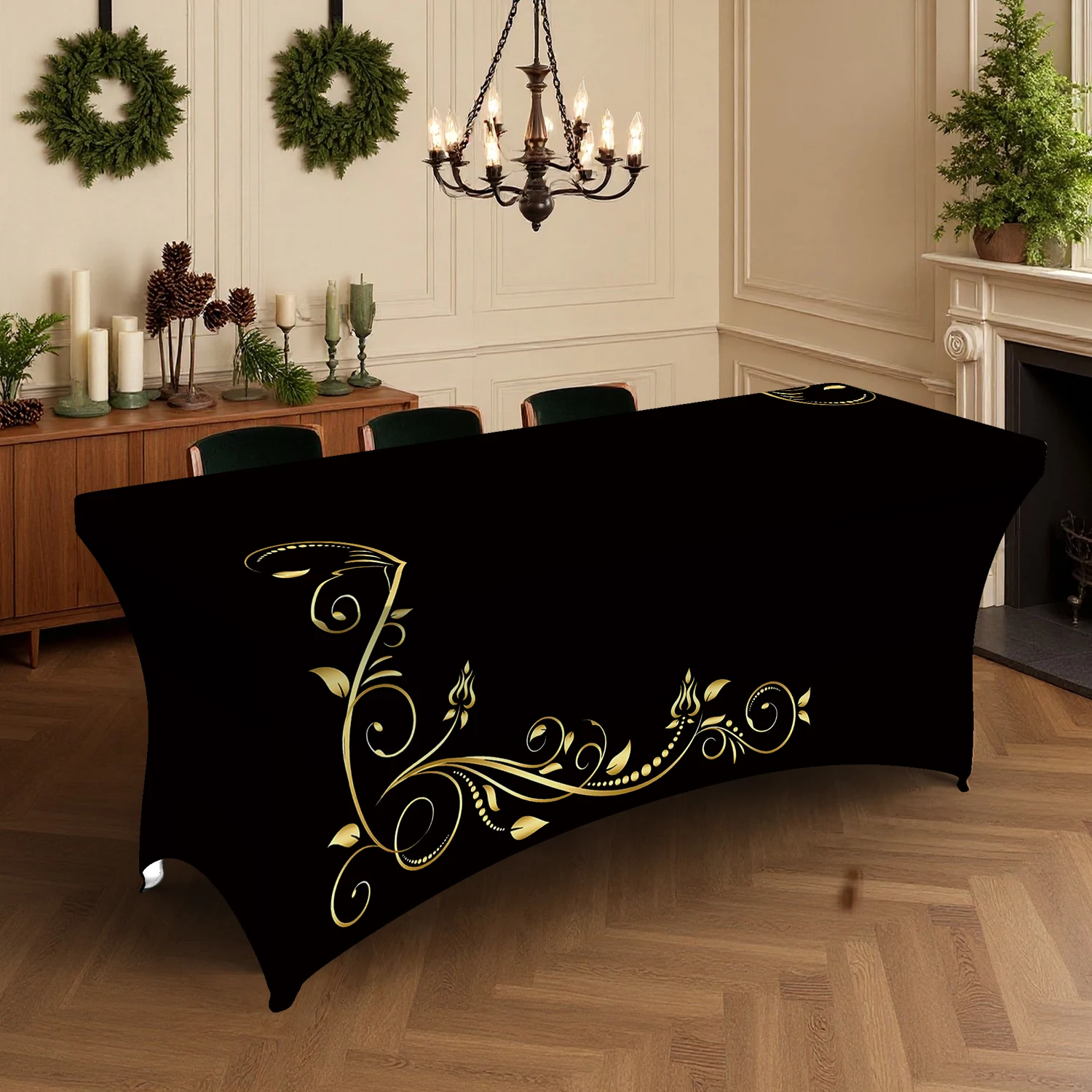1PC Summer Outdoor Elastic Tablecloth, Luxurious Black with Golden Floral Vine Digital Print, 4/6/8FT Rectangu