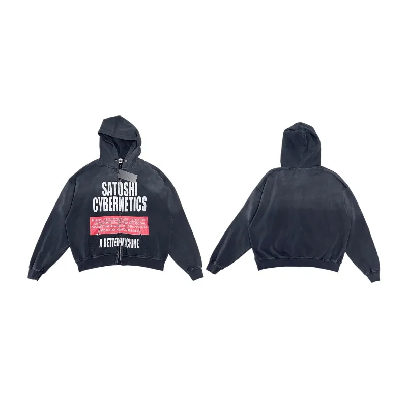 2026AW Satoshi Washed Distressed Rivet Hoodie Unisex Casual Streetwear Loose Fit Hooded Sweatshirt Tops Men's Clothing
