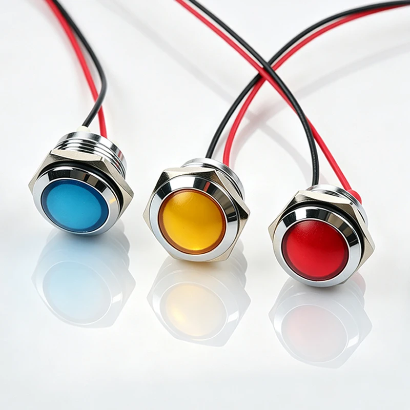 16mm Ball Head Single‑Color Metal Waterproof LED Indicator Light with Wire 6V24V220V Red Green YellowBlue White