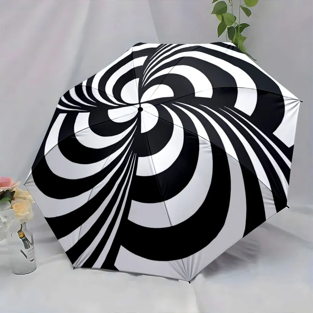 1PC Black and White Spiral Umbrella Design Print 8 Iron Ribs Folding Umbrella Auto-Open Fashion Sunshade