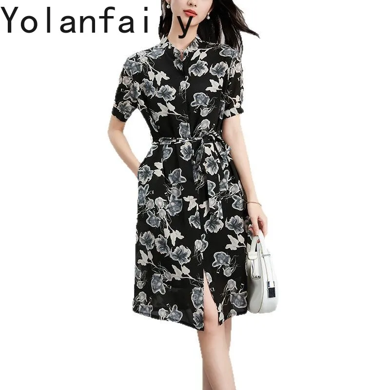 

YOLANFAIRY 100% Real Mulberry Silk Summer Dress 2025 Woman Stand-up Collar Printed Elegant Dresses Lace-up Black Dress Pockets
