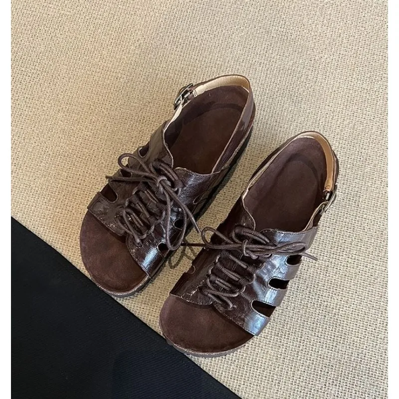 

Vintage Cutout Lace-Up Platform Flat Sandals Versatile One Buckle Heightened Beach Romans，Summer Fashion Women's Sandals，35-40
