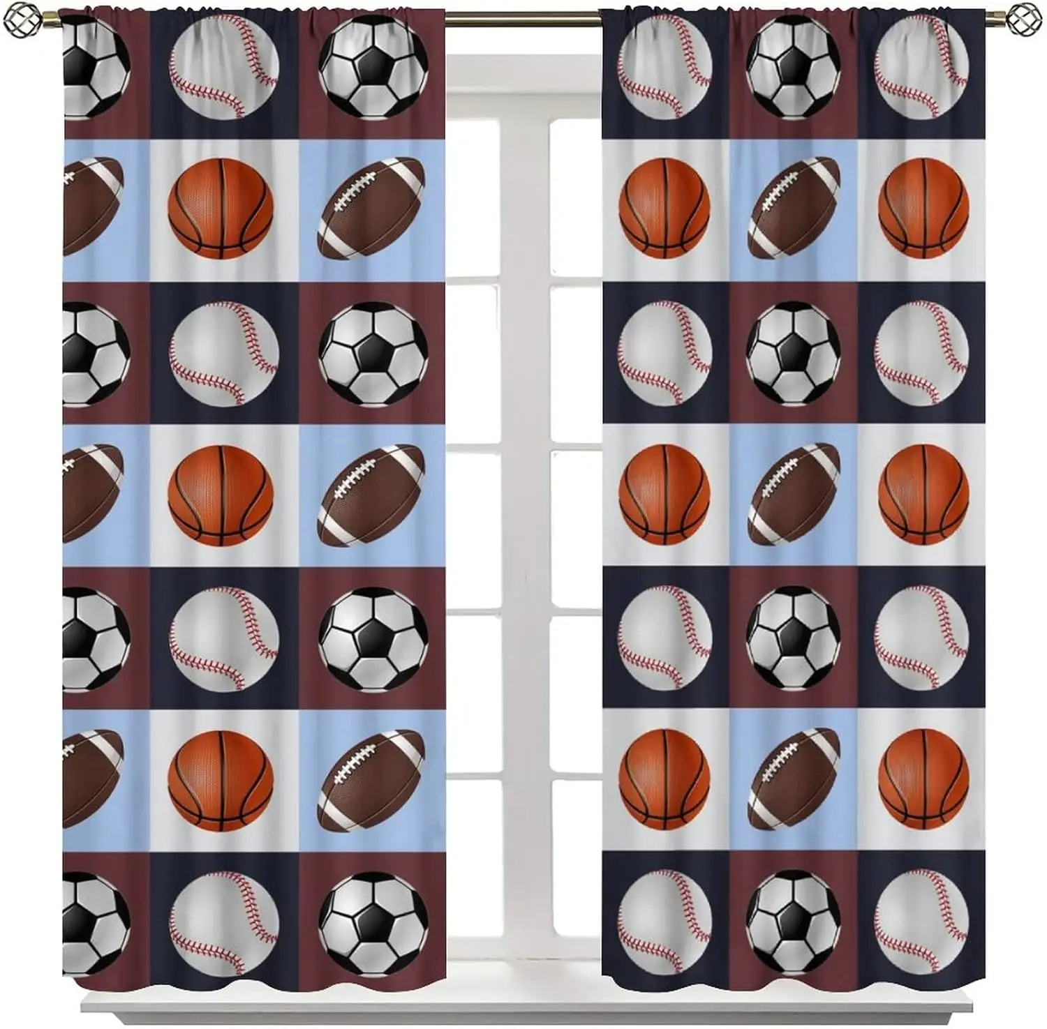 Sports Theme Boys Bedroom Curtains, 3D Cartoon Soccer Basketball Rugby Sports Pattern Teenage Kids Bedroom Living Room Window