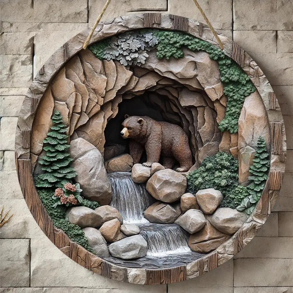 1pc 2D Wood Carving Wall Art, Rustic Bear in Nature Landscape, Round Wooden Decorative Sign, 8x8 Inch, Universal Holiday Gift, w