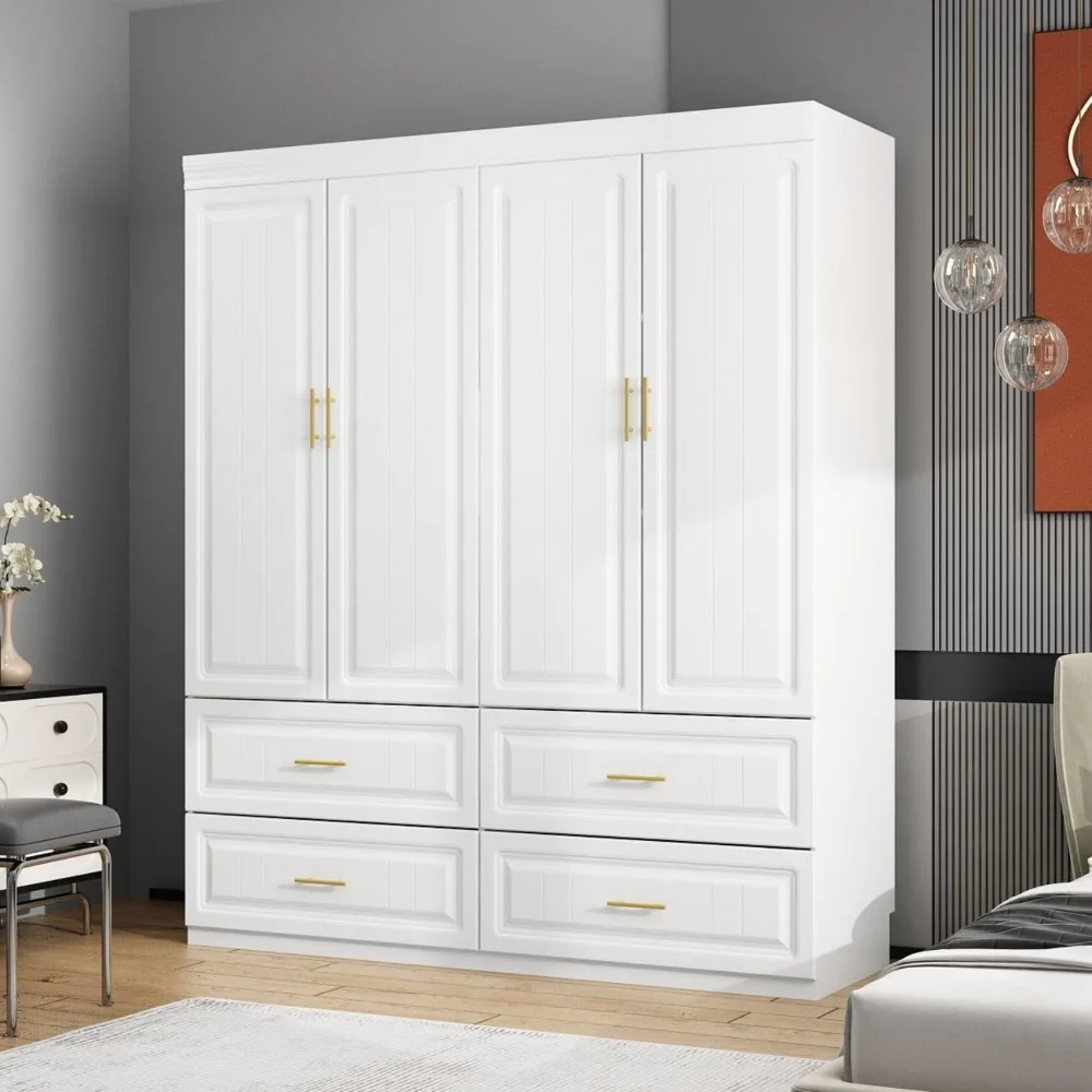 

4 Door Wardrobe Closet with 4 Drawers & Shelves, Armoire Wardrobe Closet with Hanging Rod, for Bedroom White and Gold 63”W x 20