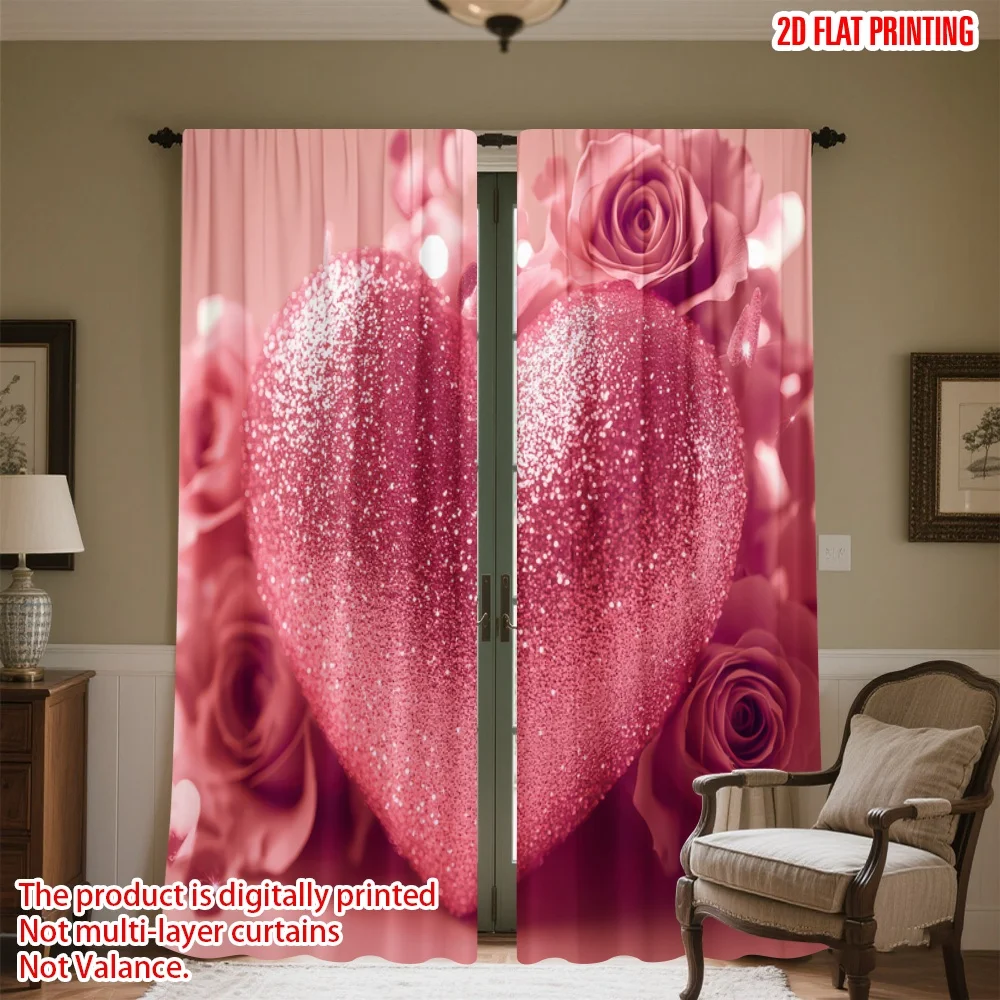 

2D flat printing 2pcs Drapes Valentine's Glitter Heart Digital Printed Polyester Drapes Family Party Decoration Perfect for New