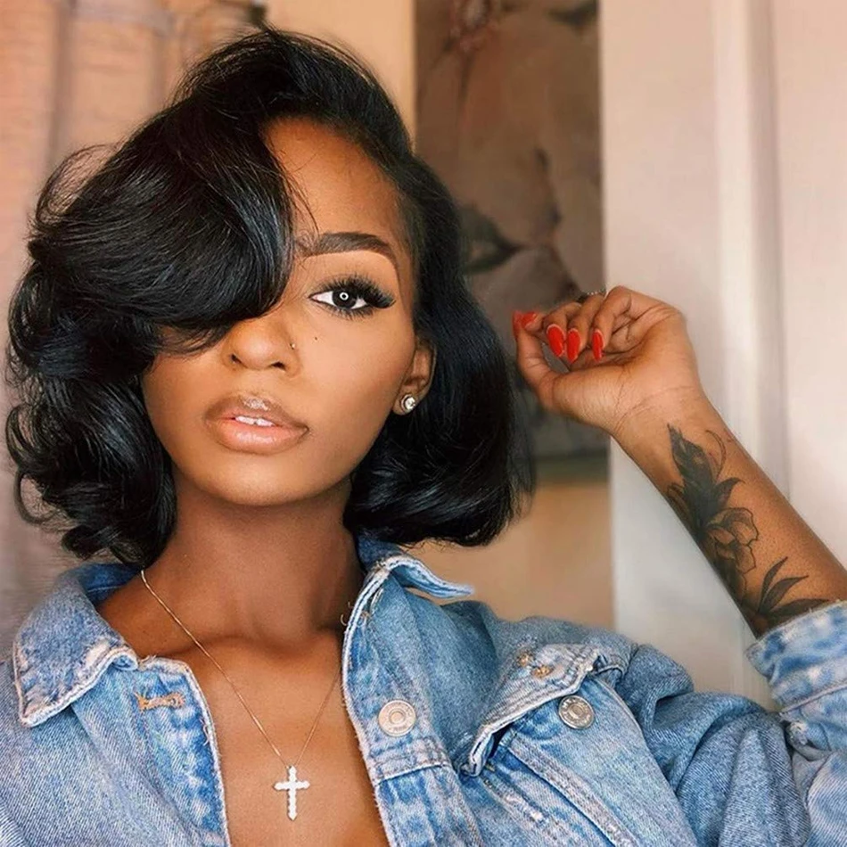 Glueless Body Wave 13X4 Transparent Ready To Wear PrePlucked Ready To Go Short Bob Wig Human Hair Wigs For BlackWomen Loose Body