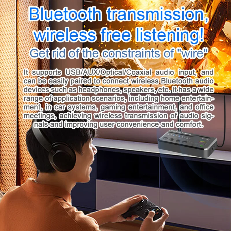 Bluetooth 5.3 Audio Transmitter, 80M Distance, AptX Adaptive, HD LC3 Wireless Broadcast, 1 to N Receiver, OTG USB, Coaxial AUX view 5