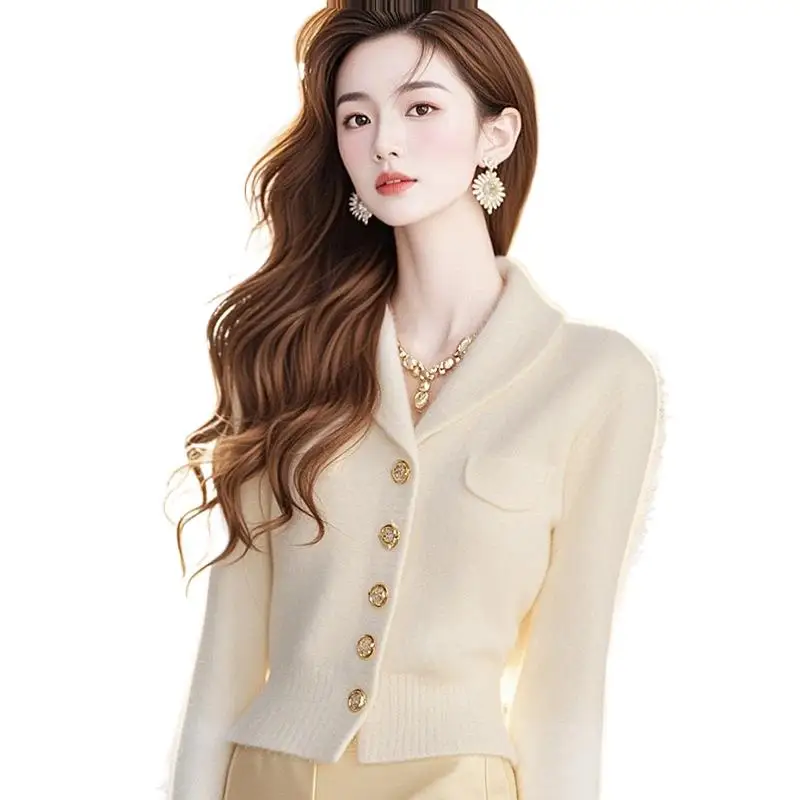 BOWEYLUN Autumn Long Sleeve Sweater Coat Top Women Spring Fashion French Style Premium Slimming Apricot Knit Cardigan Girls