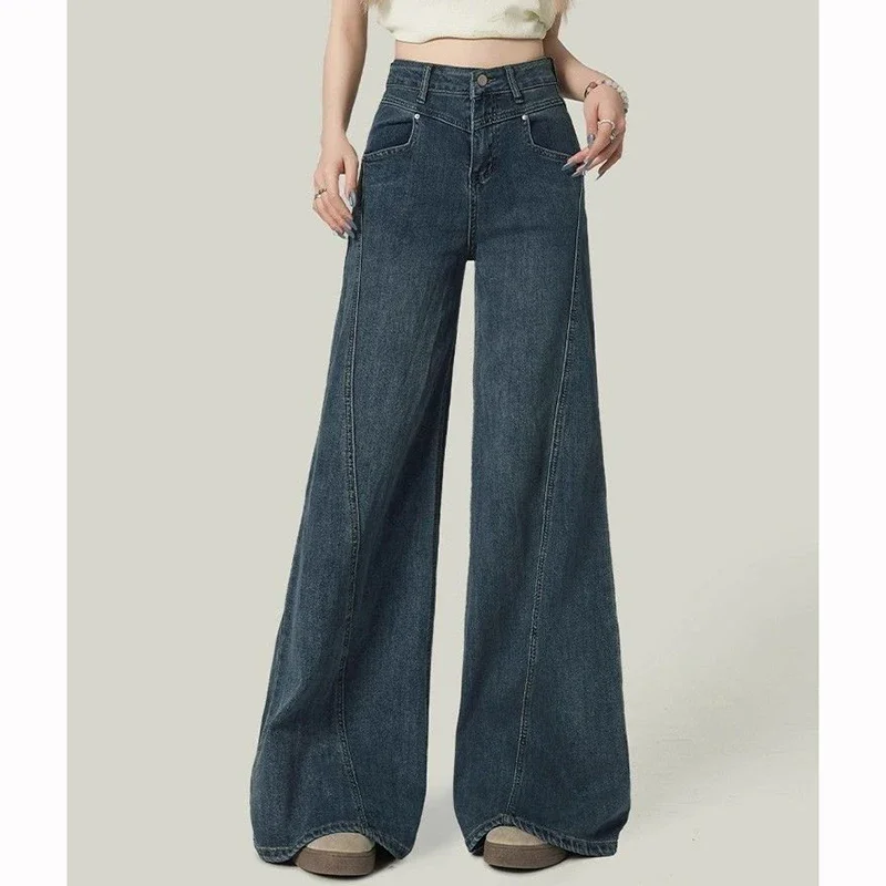 Damskie dżinsy z wysokim stanem, retro, jednolite, rozszerzane, eleganckie, w stylu koreańskim, proste nogawki, klasyczne spodnie dżinsowe damskie.