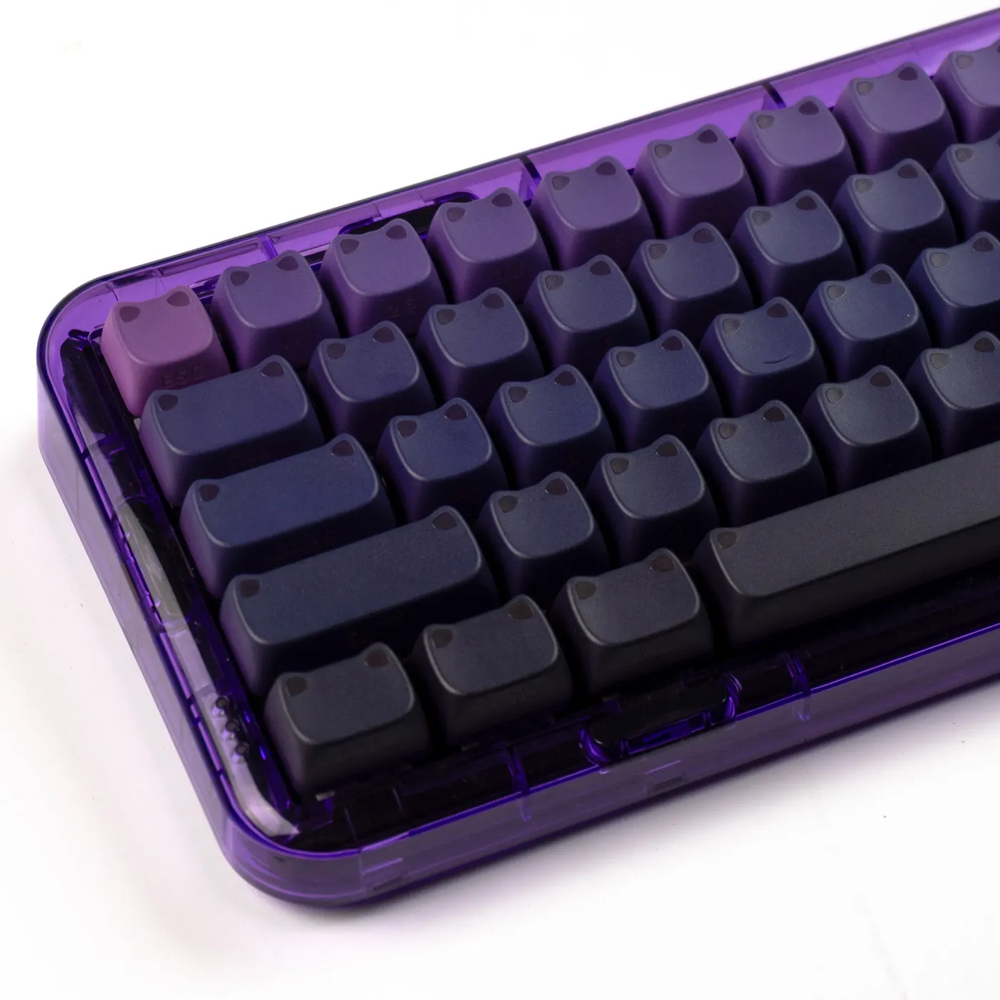 Gradient Black Purple Cat Ear Keycaps, Transparent Keycaps Shine-Through Side Print MAO Profile for Mechanical Keyboard Keycap
