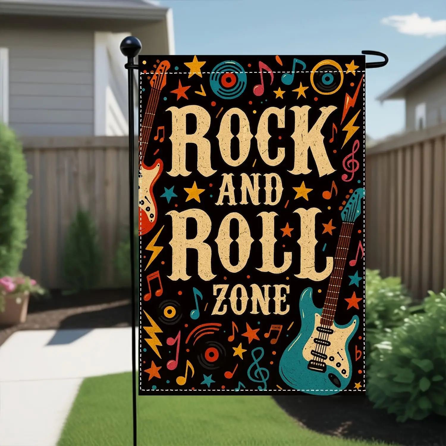 Rock and Roll Garden Flag 12x18 Inch Double Sided Outdoor Banner with Guitar and Music Theme for Lawn Porch or Patio WWP