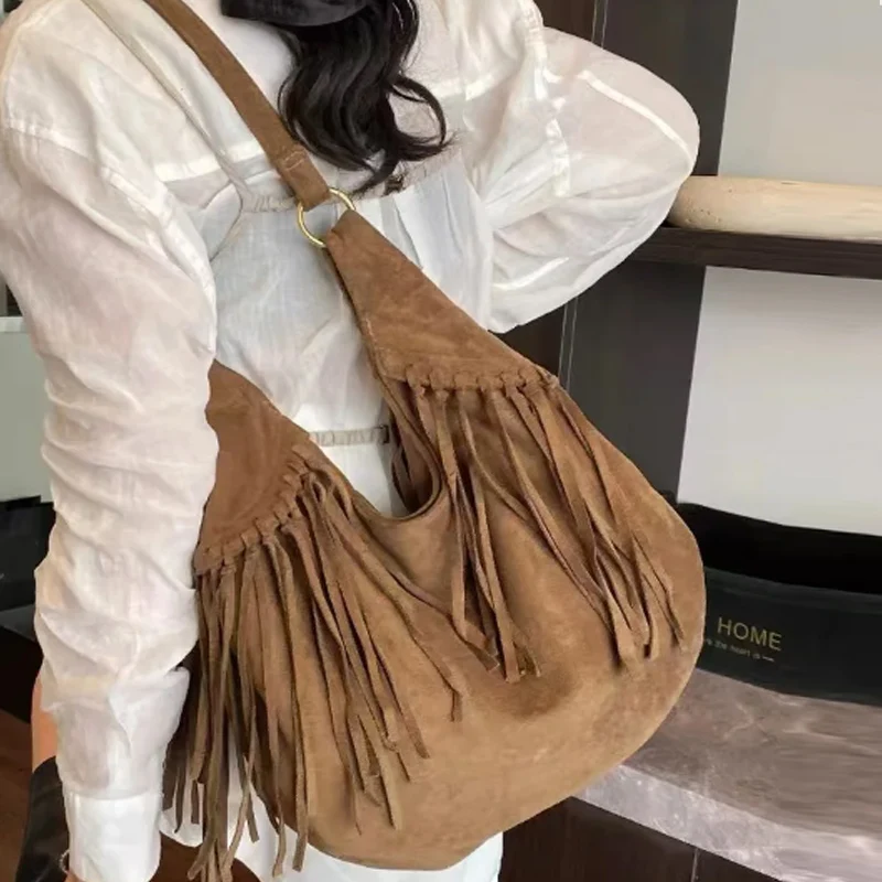 

Large Capacity Frosted Tassel Shoulder Bag Faux Suede Fringe Underarm Bag Travel Tote Handbag Female Shopping Bag