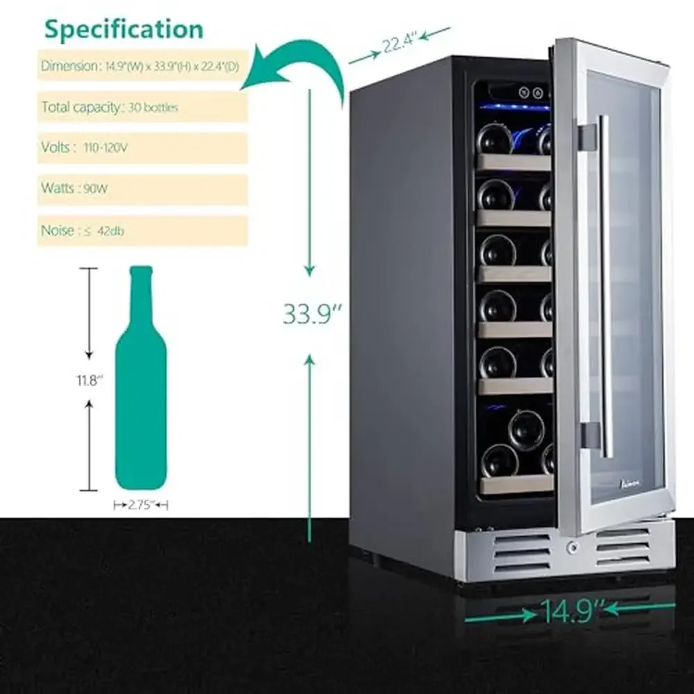 30 Bottle Wine Cooler Refrigerator Stainless Steel& Double-Layer Glass LED Control Display Temperature Memory Function 6 Wooden