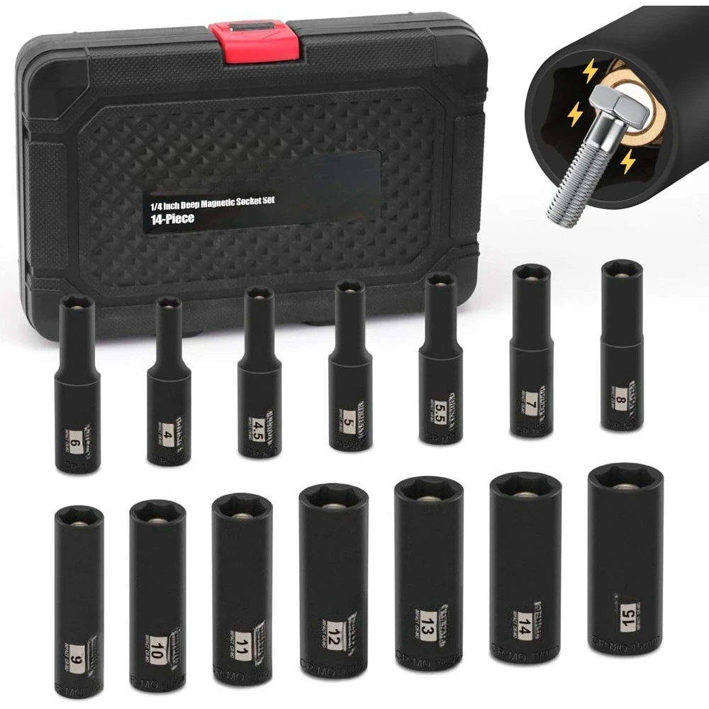 

1/4 Inch Drive Deep Socket Set 14-Piece Metric 4mm-15mm CR-MO Impact Deep Sockets with Storage Case