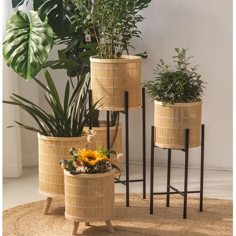 Floor Standing Flower Stand Turtle Back Bamboo Display Rack Nordic Bamboo Weaving Plant Shelf Versatile Scene Decorative Shelf