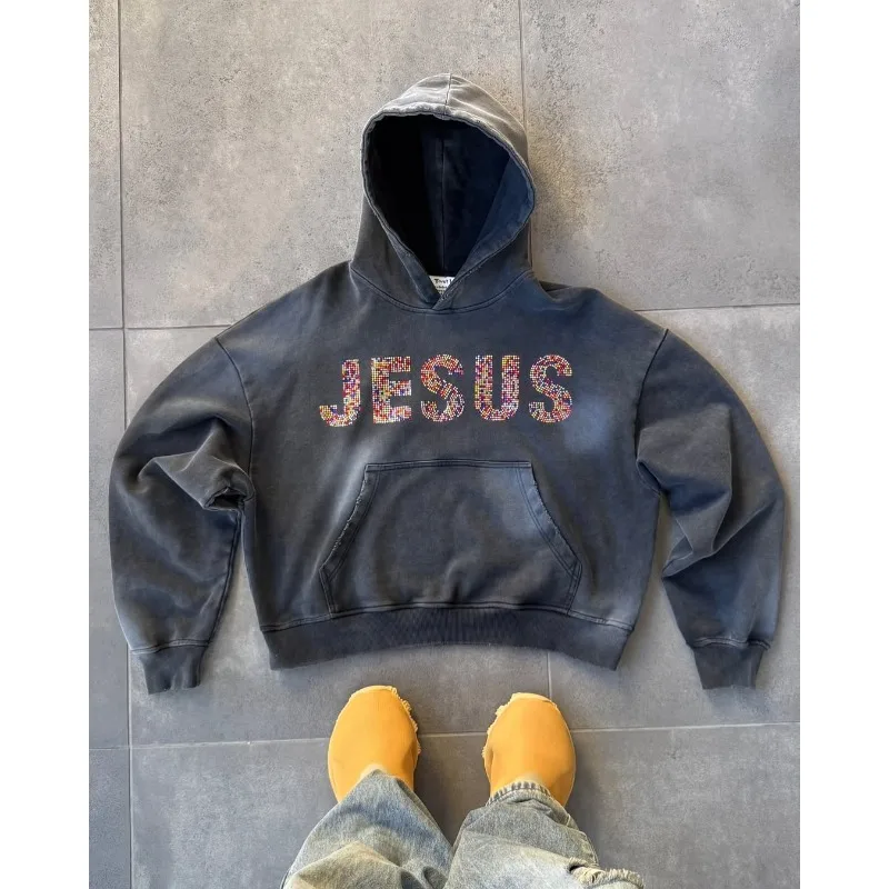

Y2k Harajuku Vintage Hoodie American Style Fashion Stained Letter Glass Rhinestone Pullover Hoodie Women Hip Hop Streetwear Tops