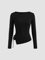 Women Boat Neck Long Sleeve Top, Slim Fit Asymmetric Hem T‑Shirt, Side Tie Cutout Solid Black Casual Basic Tee For Daily Wear 2