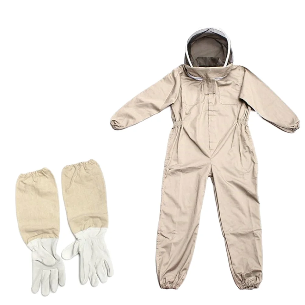 Professional new full-body beekeeping suit with ventilated leather gloves and brown safety clothing