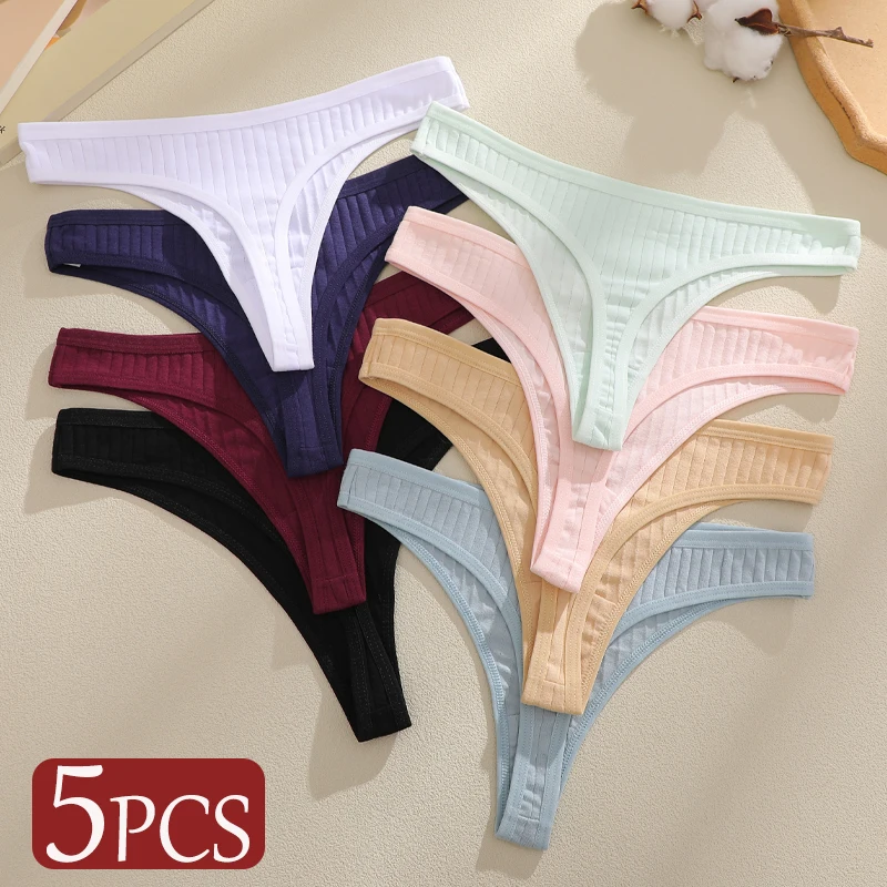 5-teiliges Set Damen Baumwoll-Slips Weiche Komfortable Hochwertige G-Strings Nahtlose Gerippte Tiefsitzende Atmungsaktive Tangas
