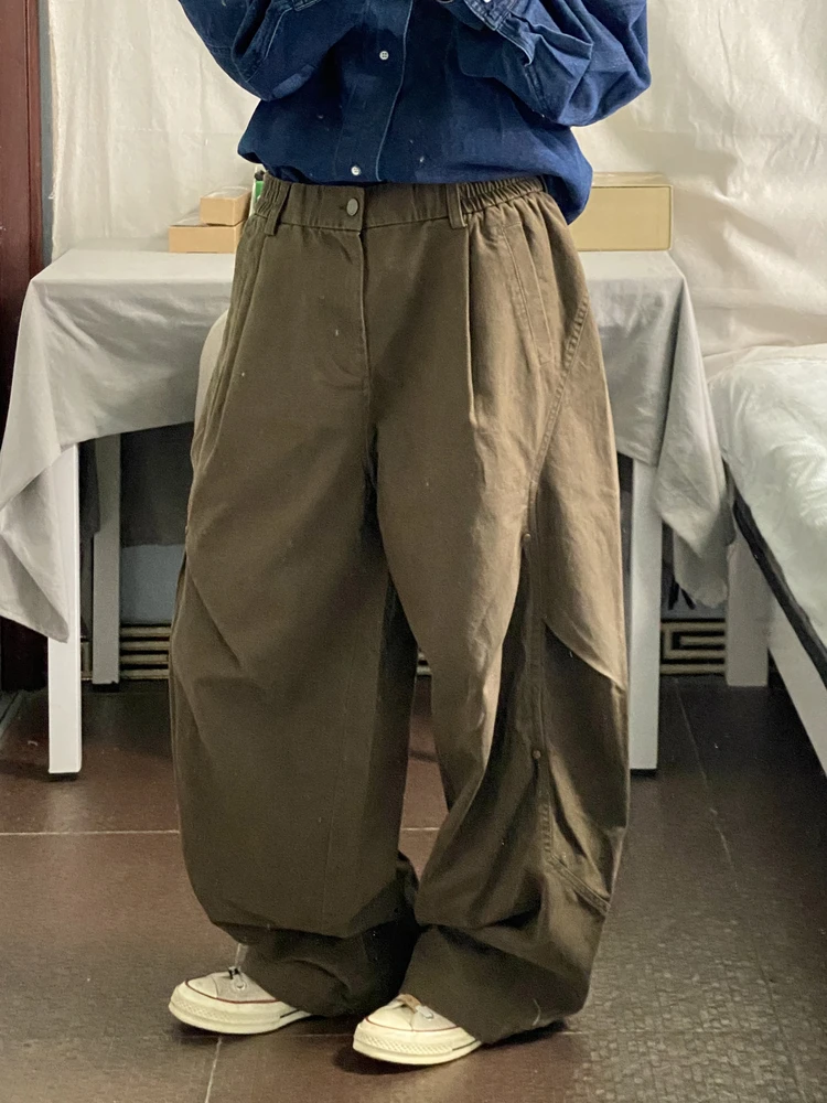 

Folded Wide Leg Pants Men's Loose Fit Casual Trousers Japanese Sle Early Workwear Long Trousers Cotton Straight Cut Trousers