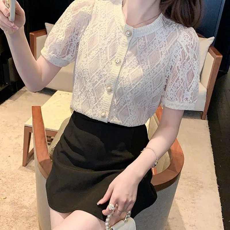 Elegant Lace O-Neck Solid Color Hollow Out Button Oversized Shirt Summer New Chic Tops Loose Commute Fashion Woman Blouses 2022